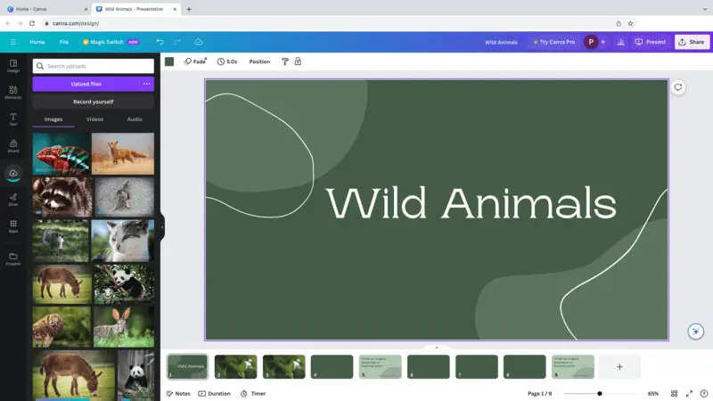 Select a theme of the slideshow for YouTube on Canva website