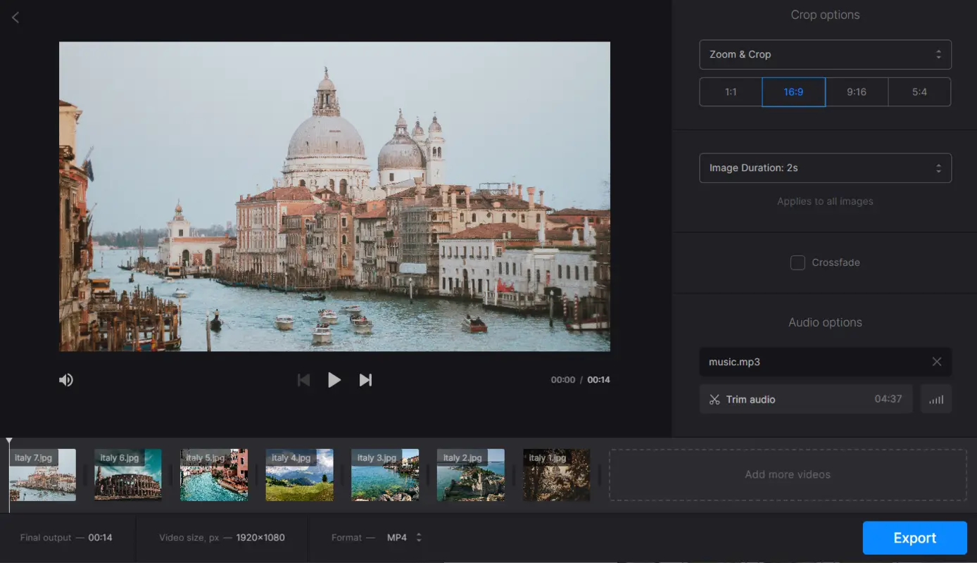 Create a slideshow with your music in Clideo