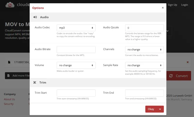 Video to audio converter settings of CloudConvert online service
