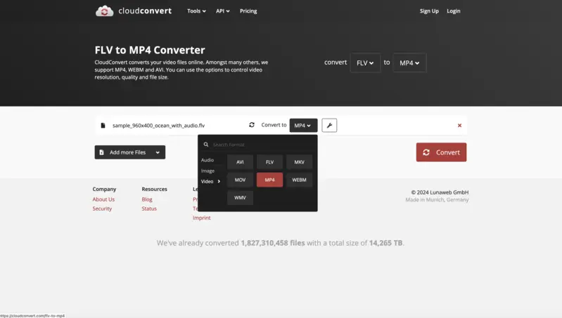 How to choose the MP4 output format on CloudConvert website