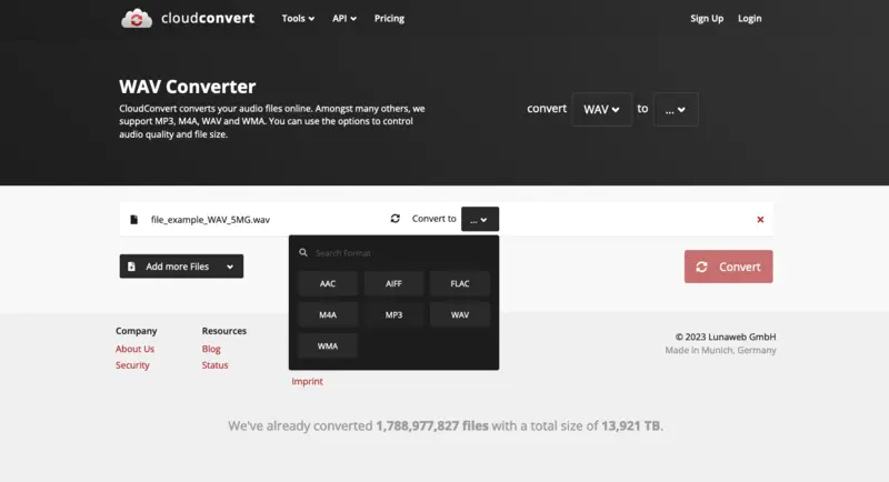 Online WAV to MP3 converter on Cloudconvert website