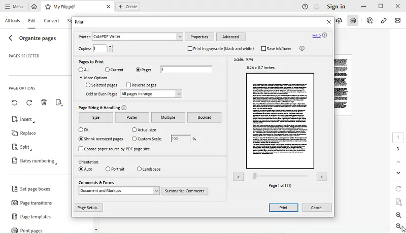 Cut pages from PDF using CutePDF Writer 