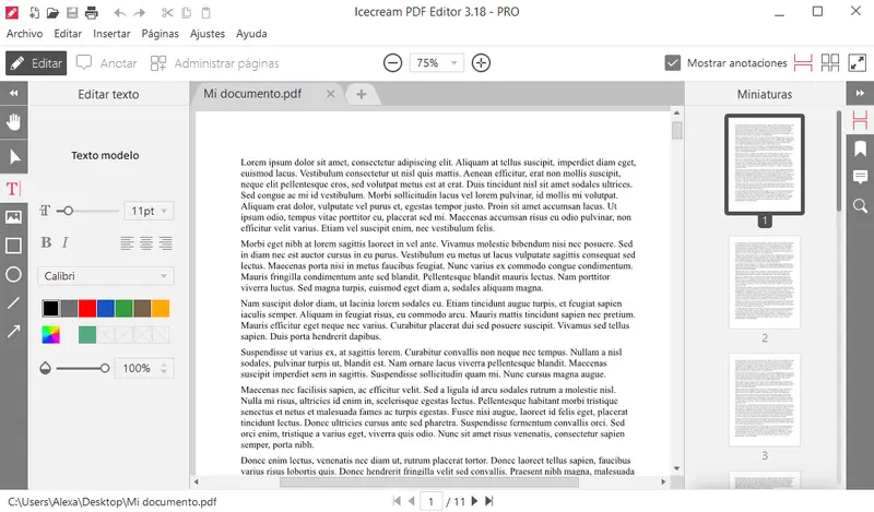 El modo Editar texto de PDF