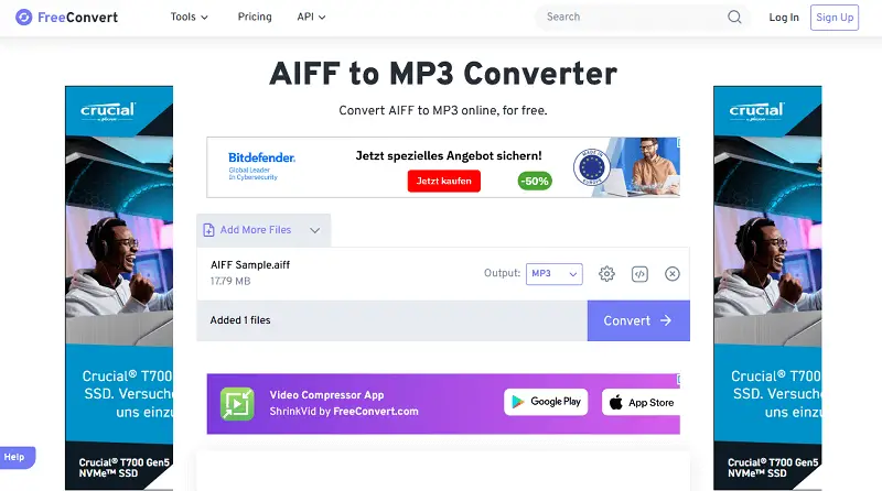Add your AIFF audio for conversion to MP3 to FreeConvert