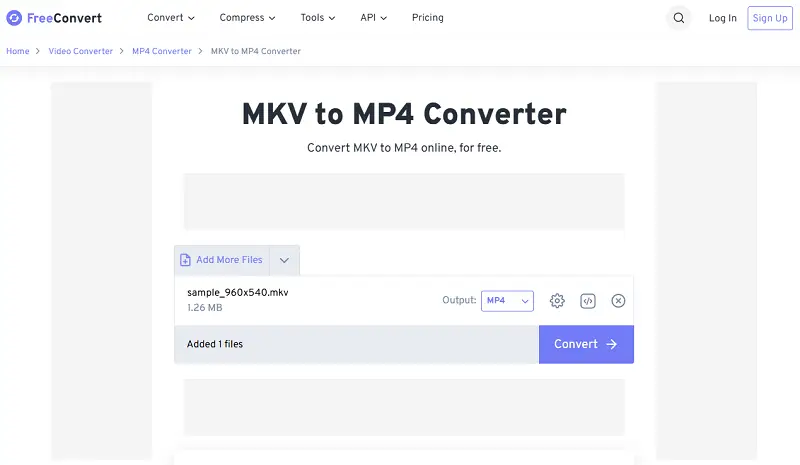 Free MKV converter interface on FreeConvert website Free MKV converter interface on FreeConvert website