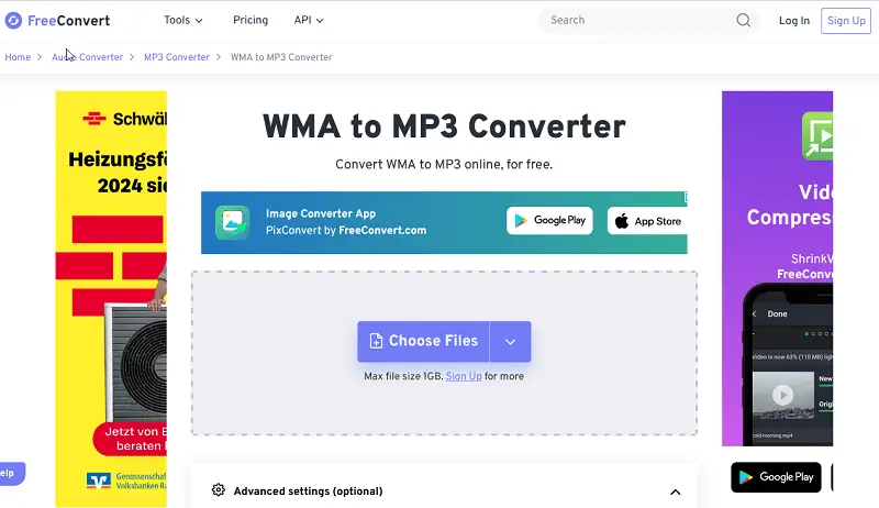 FreeConvert online WMA to MP3 converter