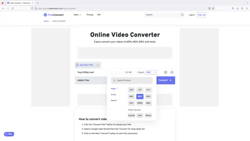 Convert video to MOV with FreeConvert Step 2