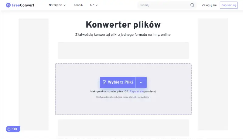 Interfejs strony internetowej Freeconvert
