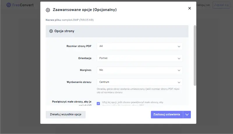 Zmiana formatu BMP na PDF online przy użyciu FreeConvert