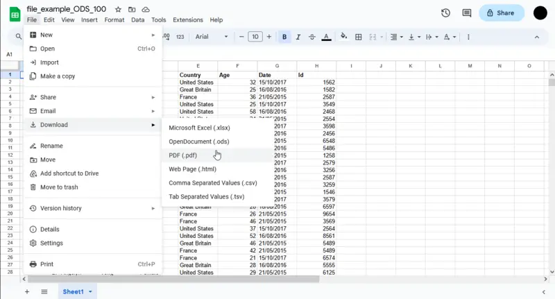 Convert ODS to PDF in Google Sheets.
