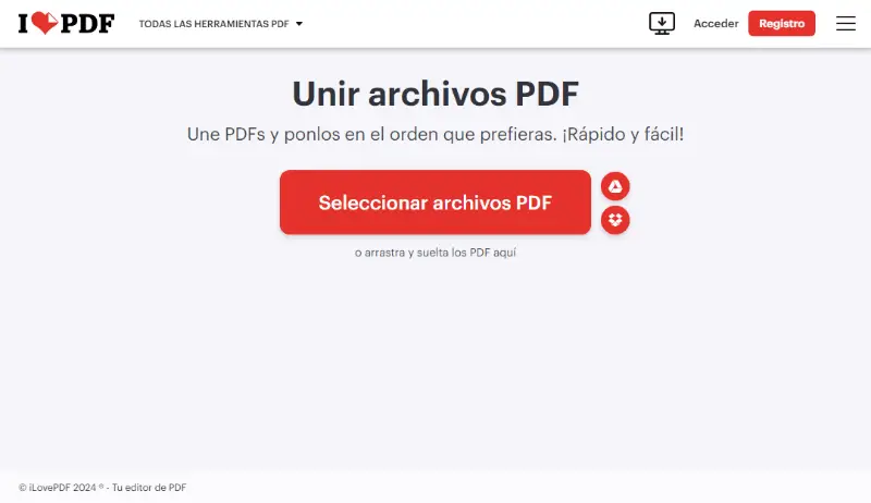 Herramienta ilovePDF para unir PDF