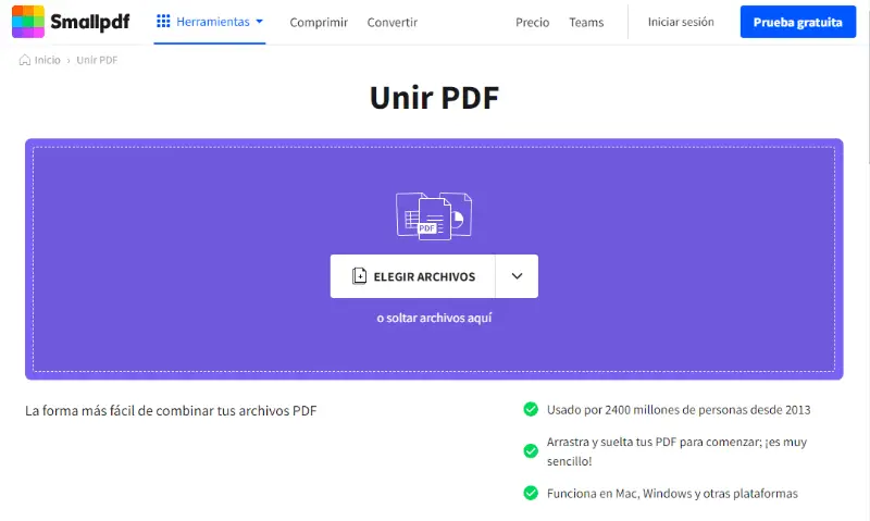 Herramienta SmallPDF para unir PDF