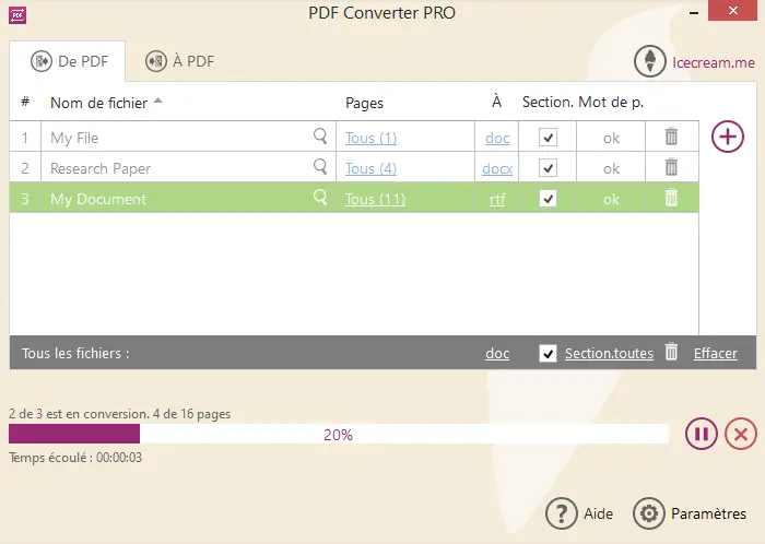 Conversion de PDF en Word en cours