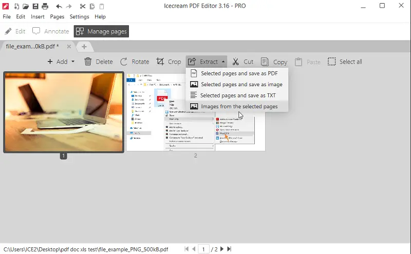 Выбор функции Извлечь изображения из PDF в программе Icecream PDF Editor