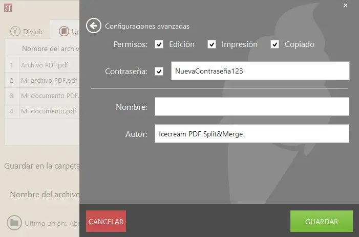 Icecream PDF Split and Merge - configuración para el archivo de salida