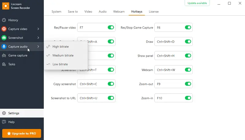 Bitrate options for audio capture