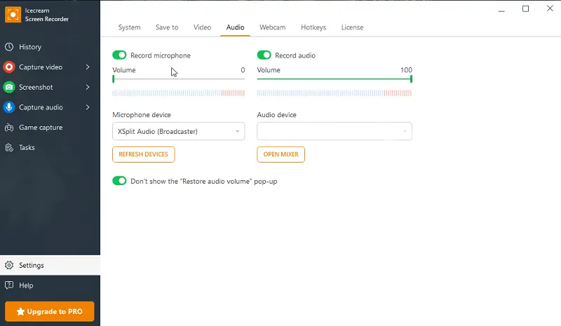 Icecream Screen Recorder: настройки записи экрана и аудио