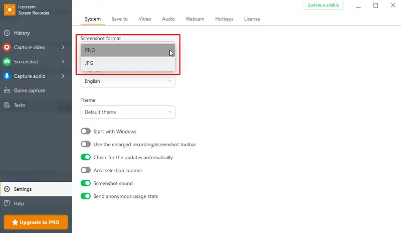 PNG and JPG output formats for screenshots in Icecream Screen Recorder
