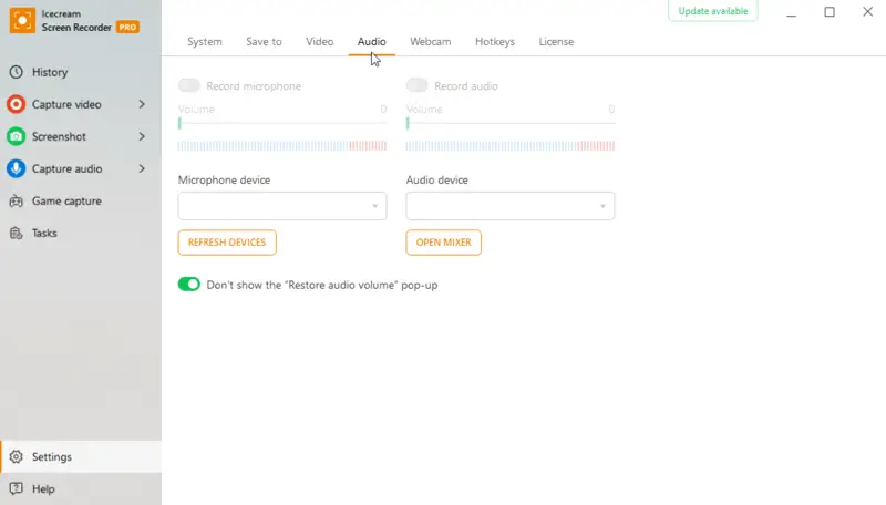 Audio recording settings tab of Icecream Screen Recorder