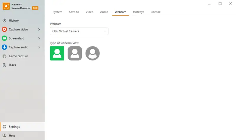 Web camera recording settings of Icecream Screen Recorder