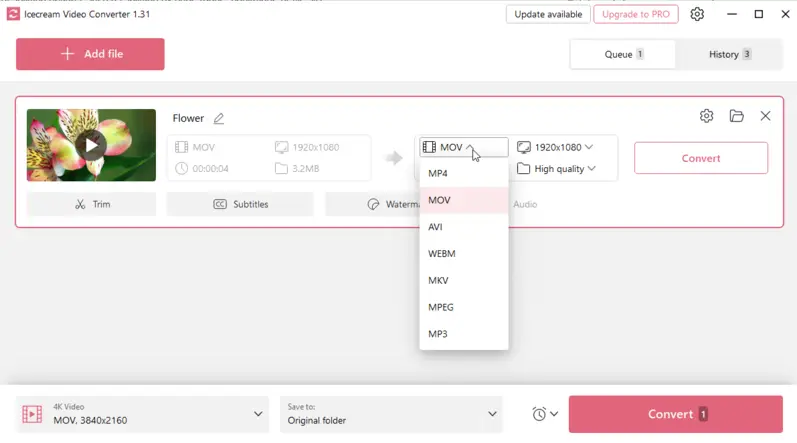 Select the output video format compatible with QuickTime in Icecream Video Converter