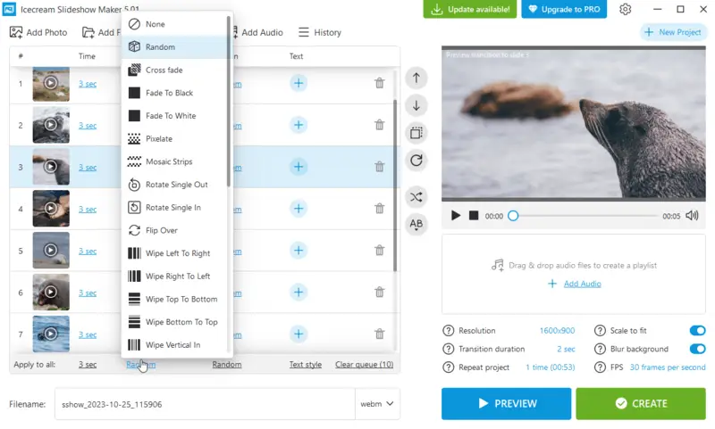 Select the transition effect between the slides in Icecream Slideshow Maker