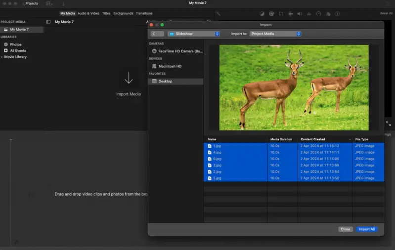 Импорт файлов для создания слайдов в iMovie