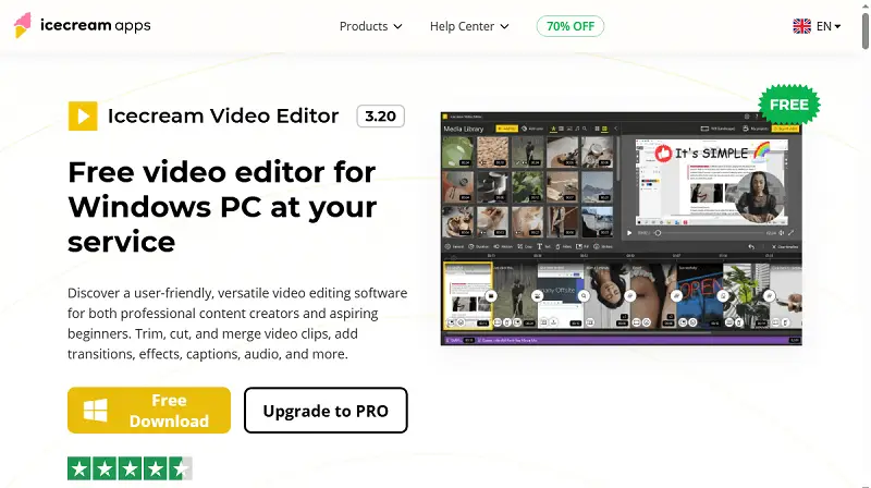 Landing page of Icecream Video Editor