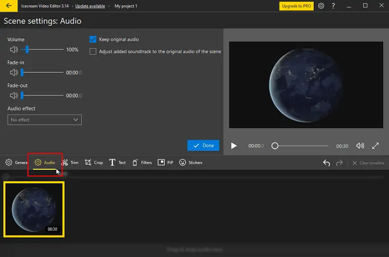 Access audio settings of the scene in video editor