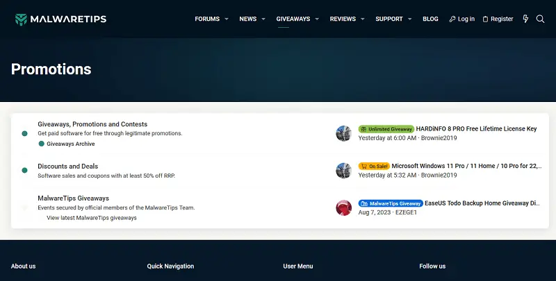 MalwareTips forum with giveaway programs