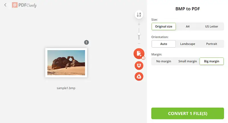 Как превратить BMP в PDF на сайте PDF Candy