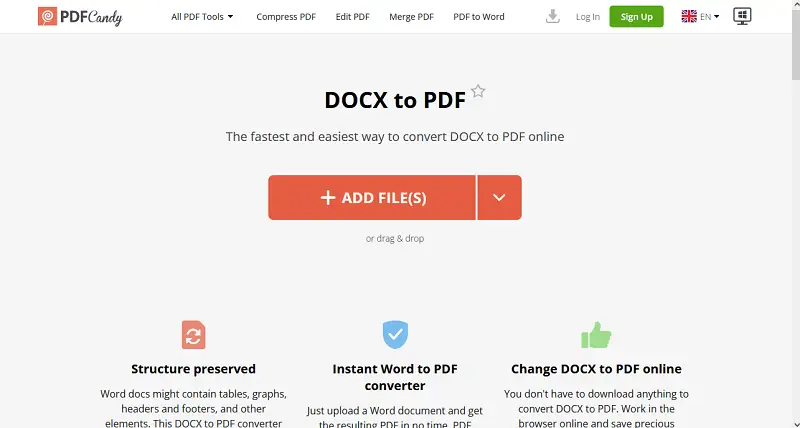 Convert DOCX to PDF online using PDF Candy Step 1