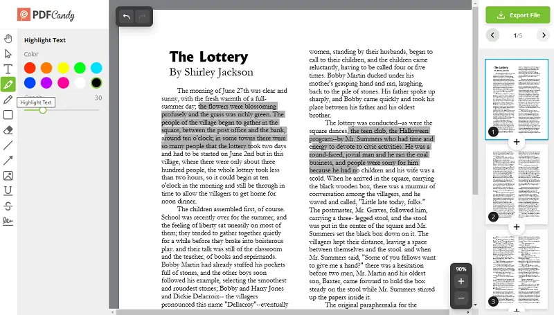 Choosing text to highlight in PDF on PDF Candy website