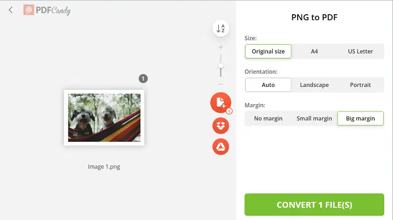 Change from PNG to PDF online using PDF Candy