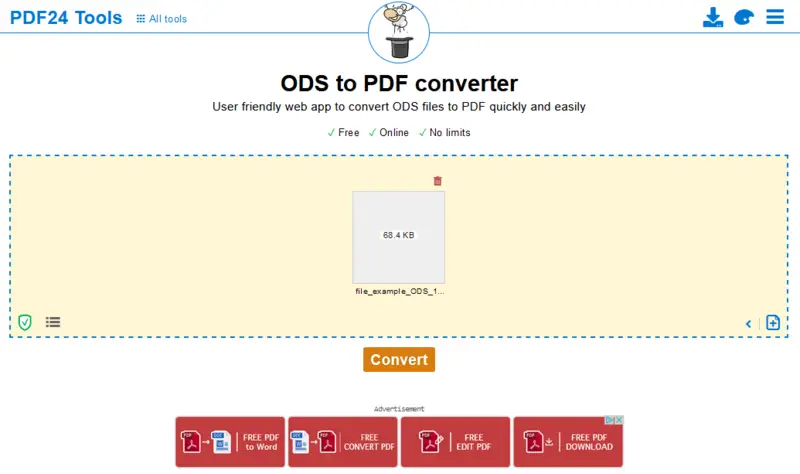 Convert ODS to PDF in PDF24 Tools.