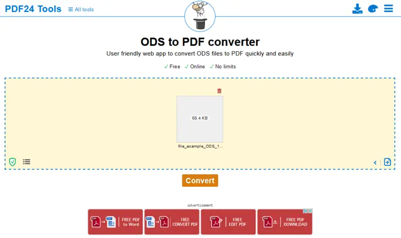 Конвертация ODS в PDF в браузере на сайте PDF24 Tools