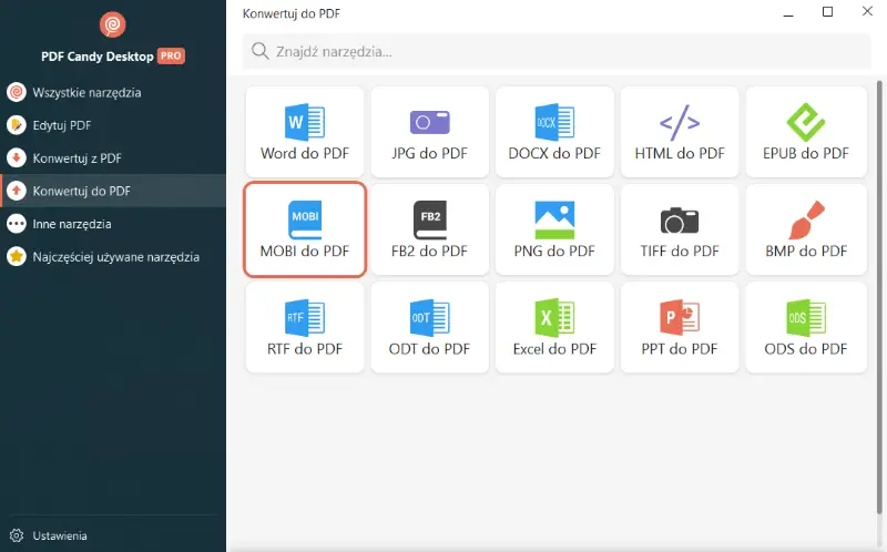 Narzędzie MOBI do PDF oprogramowania PDF Candy Desktop