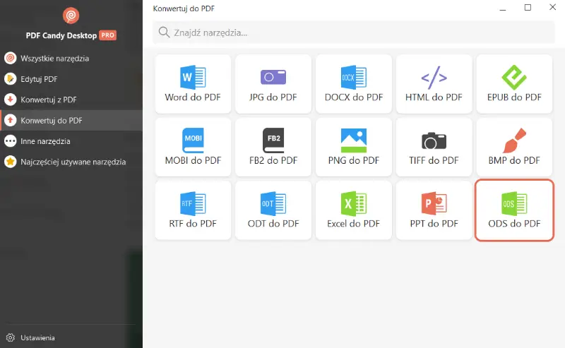 Narzędzie ODS do PDF w programie PDF Candy Desktop