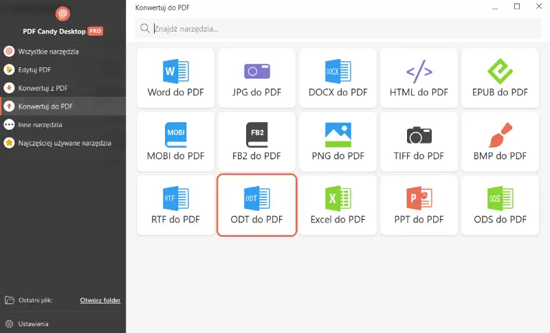 Wybór narzędzia ODT do PDF w PDF Candy Desktop