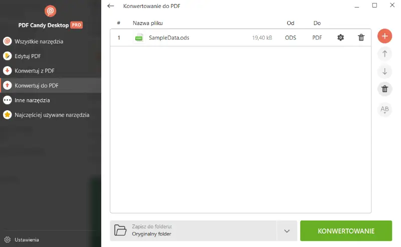 Plik ODS dodany do PDF Candy Desktop w celu konwersji do formatu PDF