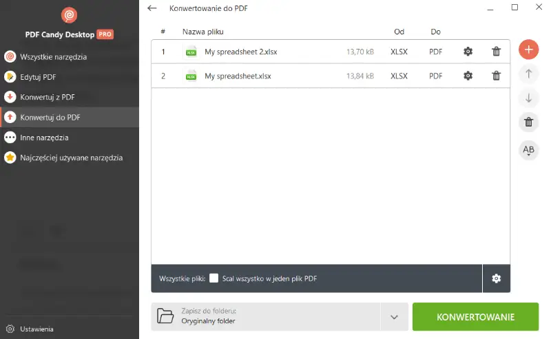 Pliki XLSX dodane do konwersji do formatu PDF w PDF Candy Desktop