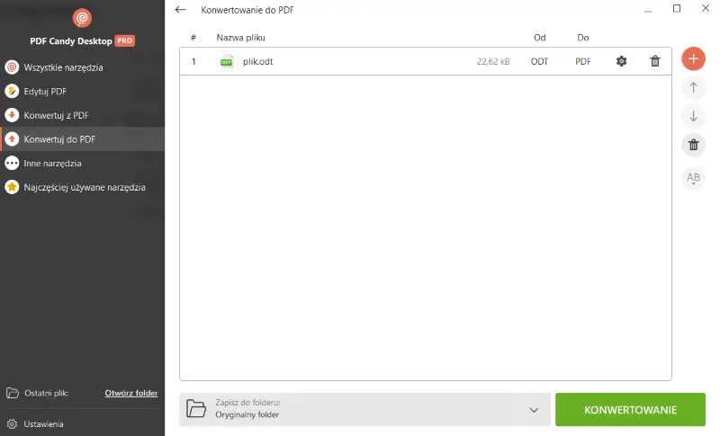 Dodawanie pliku ODT do konwersji do PDF w PDF Candy Desktop