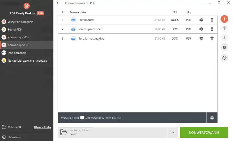 Pliki DOC dodane do PDF Candy Desktop w celu konwersji do formatu PDF