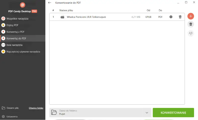 Dodawanie eBooka EPUB do konwersji na format PDF do PDF Candy Desktop