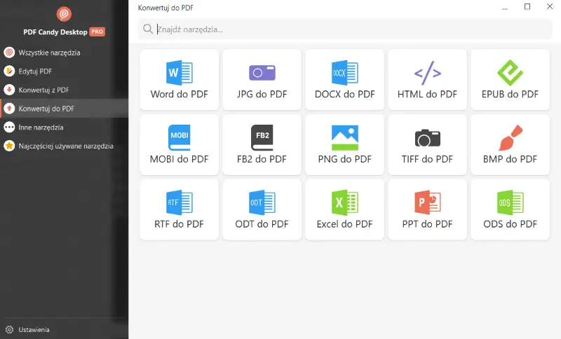 Narzędzia w trybie konwersji do PDF w PDF Candy Desktop