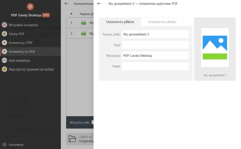 Ustawienia pliku wyjściowego dla konwersji XLSX do PDF przez oprogramowanie PDF Candy Desktop