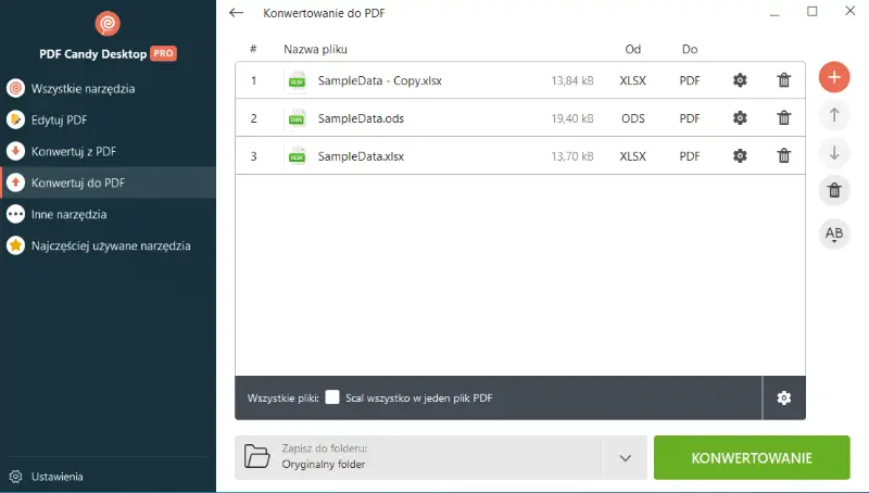 Pliki XLS dodane do konwersji do formatu PDF w PDF Candy Desktop