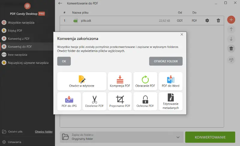 Konwersja ODT do PDF zakończona pomyślnie w PDF Candy Desktop