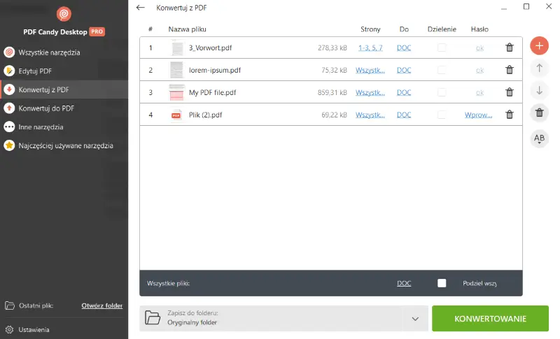 Pliki PDF dodane do konwersji do formatu PDF na DOC w programie PDF Candy Desktop