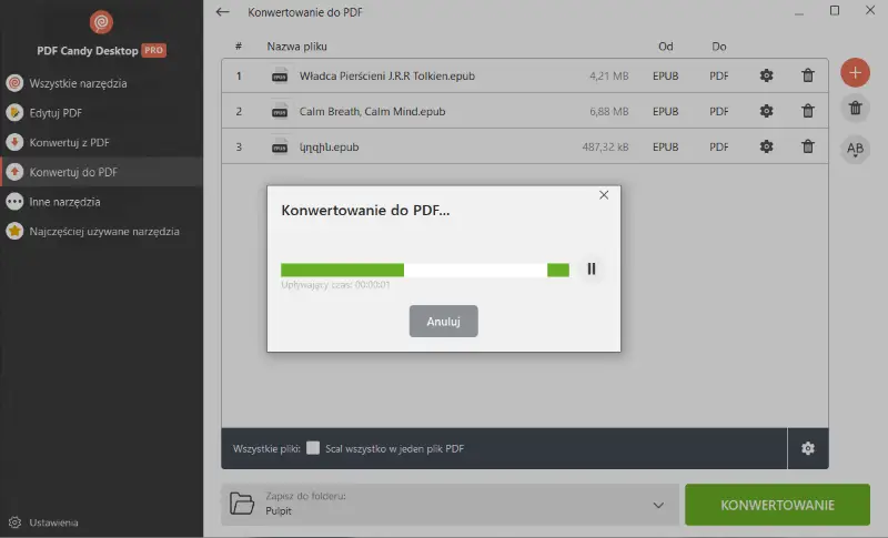 Proces konwersji EPUB do PDF w PDF Candy Desktop